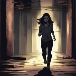 A 17-year-old brunette girl running away from a killer in a suspenseful and intense scene