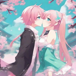 A detailed illustration of femboy pink-haired Astolfo from Fate/Apocrypha kissing turquoise-haired Hatsune Miku from Vocaloid