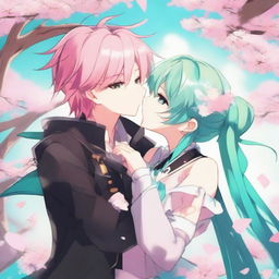 A detailed illustration of femboy pink-haired Astolfo from Fate/Apocrypha kissing turquoise-haired Hatsune Miku from Vocaloid