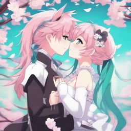 A detailed illustration of femboy pink-haired Astolfo from Fate/Apocrypha kissing turquoise-haired Hatsune Miku from Vocaloid