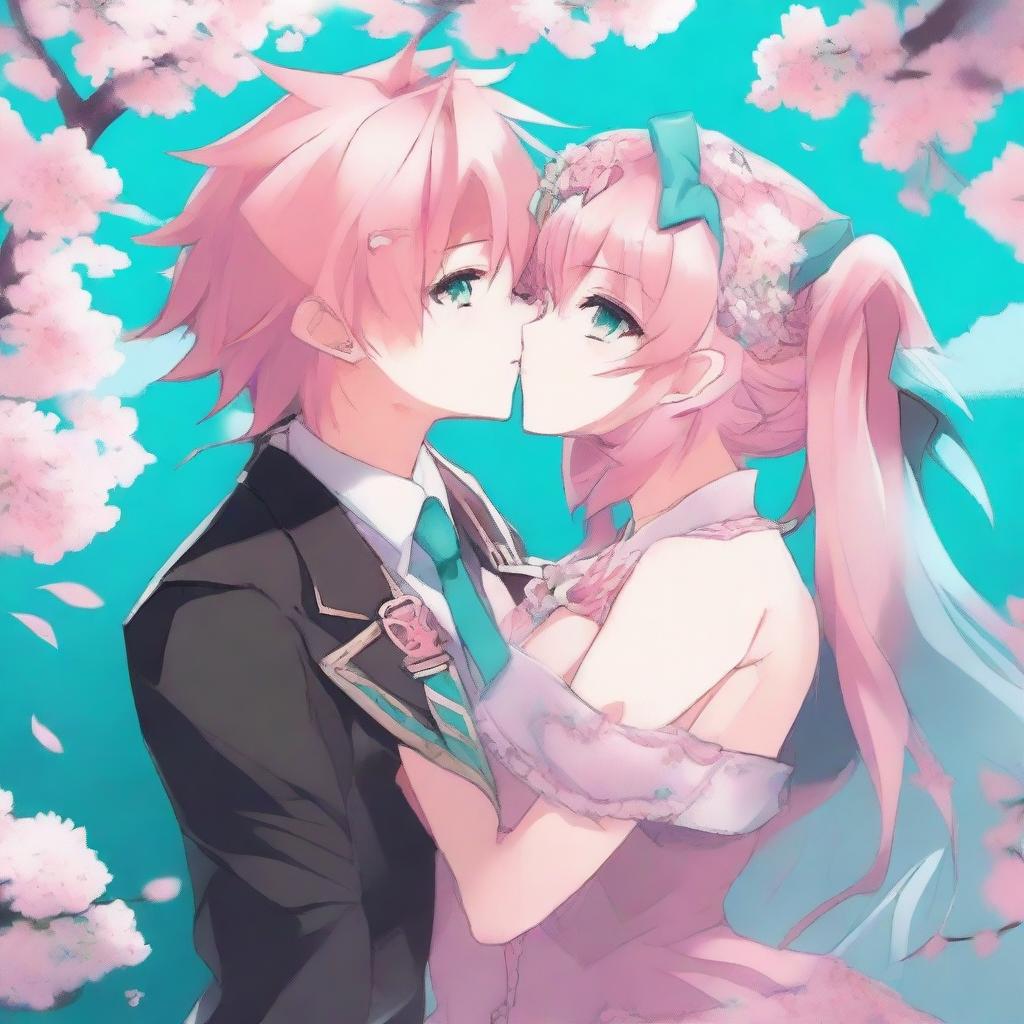 A detailed illustration of femboy pink-haired Astolfo from Fate/Apocrypha kissing turquoise-haired Hatsune Miku from Vocaloid