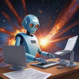 A lively cartoon illustrating a robot accountant diligently preparing a tax return in a spaceship, with a spectacular supernova explosion illuminating the distant cosmos in the backdrop.