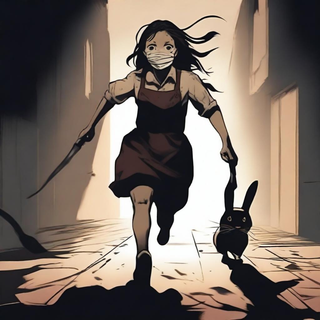 A brunette girl running away, with a young male killer behind her