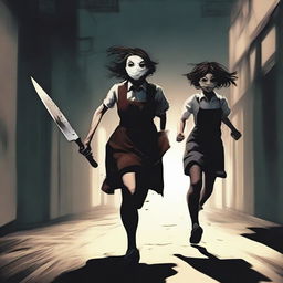 A brunette girl running away, with a young male killer behind her