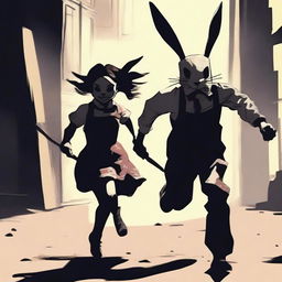 A brunette girl running away, with a young male killer behind her