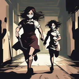 A brunette girl running away, with a young male killer behind her