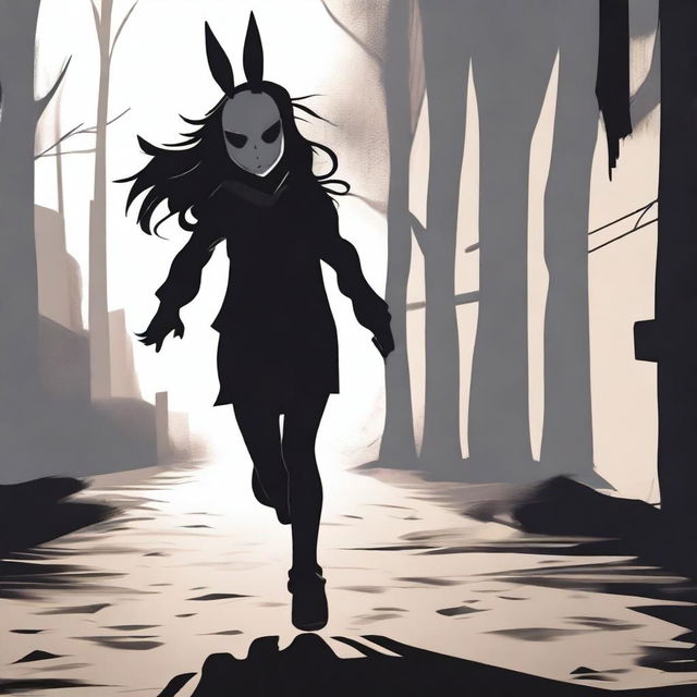 A brunette girl running away from a killer wearing a rabbit mask