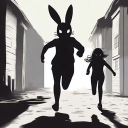 A brunette girl running away from a killer wearing a rabbit mask