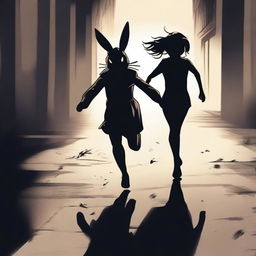 A brunette girl running away from a killer wearing a rabbit mask