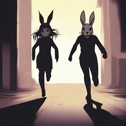 A brunette girl running away from a killer wearing a rabbit mask