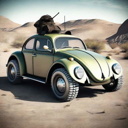 Create an image of a unique vehicle that is a combination of a VW Beetle, a war tank, and a Ford Cobra