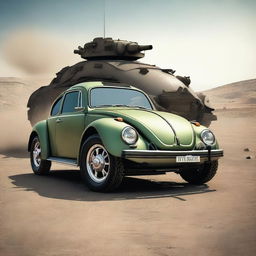 Create an image of a unique vehicle that is a combination of a VW Beetle, a war tank, and a Ford Cobra