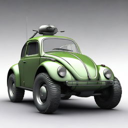 Create an image of a unique vehicle that is a combination of a VW Beetle, a war tank, and a Ford Cobra