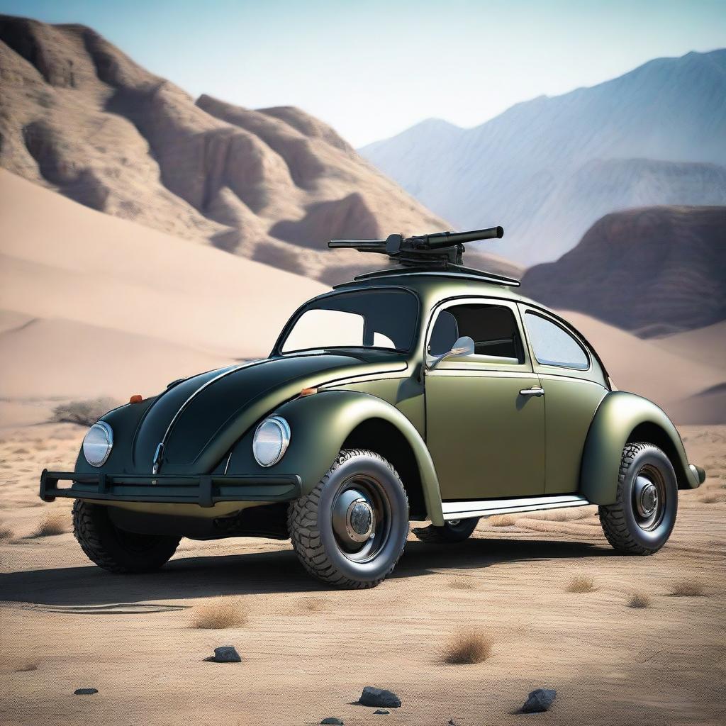 Create an image of a unique vehicle that is a combination of a VW Beetle, a war tank, and a Ford Cobra