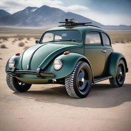 A unique vehicle that combines elements of a VW Beetle, a war tank, and a Ford Cobra