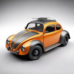 A unique vehicle that combines elements of a VW Beetle, a war tank, and a Ford Cobra