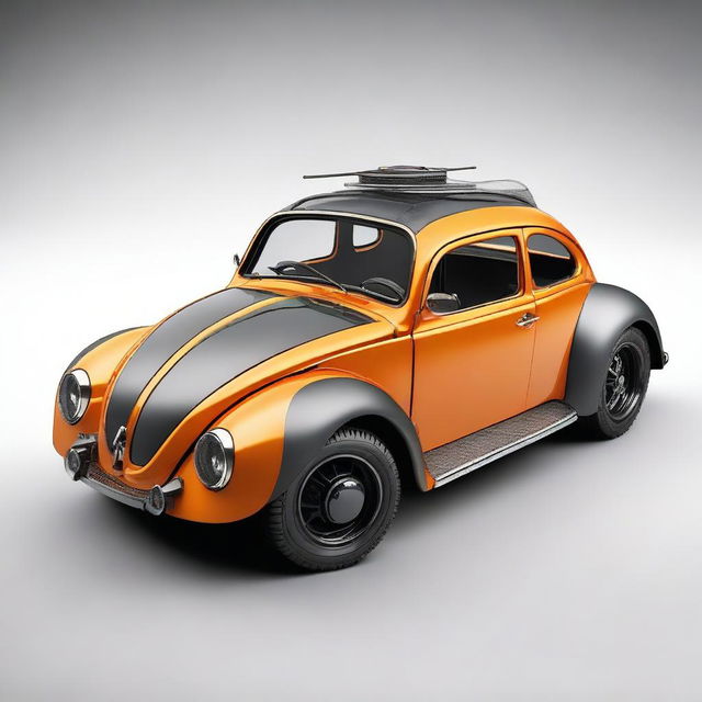 A unique vehicle that combines elements of a VW Beetle, a war tank, and a Ford Cobra