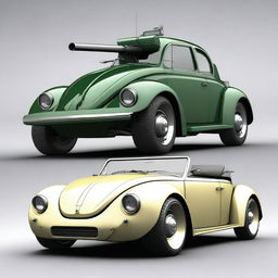 A unique vehicle that combines elements of a VW Beetle, a war tank, and a Ford Cobra