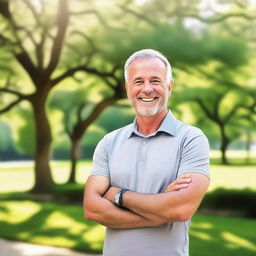 An outdoor picture of a 45 to 60-year-old Caucasian man