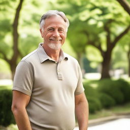 An outdoor picture of a 45 to 60-year-old Caucasian man