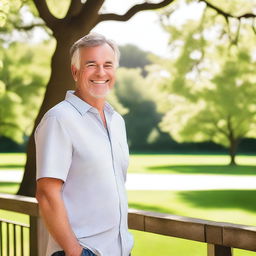 A serene outdoor picture featuring a cute Caucasian man aged between 45 and 60 years old