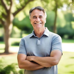 A serene outdoor picture featuring a cute Caucasian man aged between 45 and 60 years old