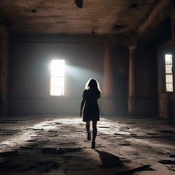 A brunette girl is seen running away in an abandoned theater