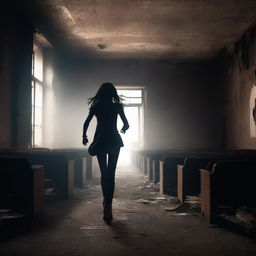 A brunette girl is seen running away in an abandoned theater