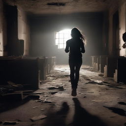 A brunette girl is seen running away in an abandoned theater