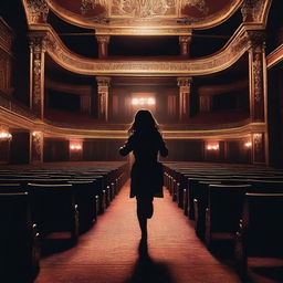 A brunette girl running away in a theater