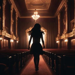 A brunette girl running away in a theater