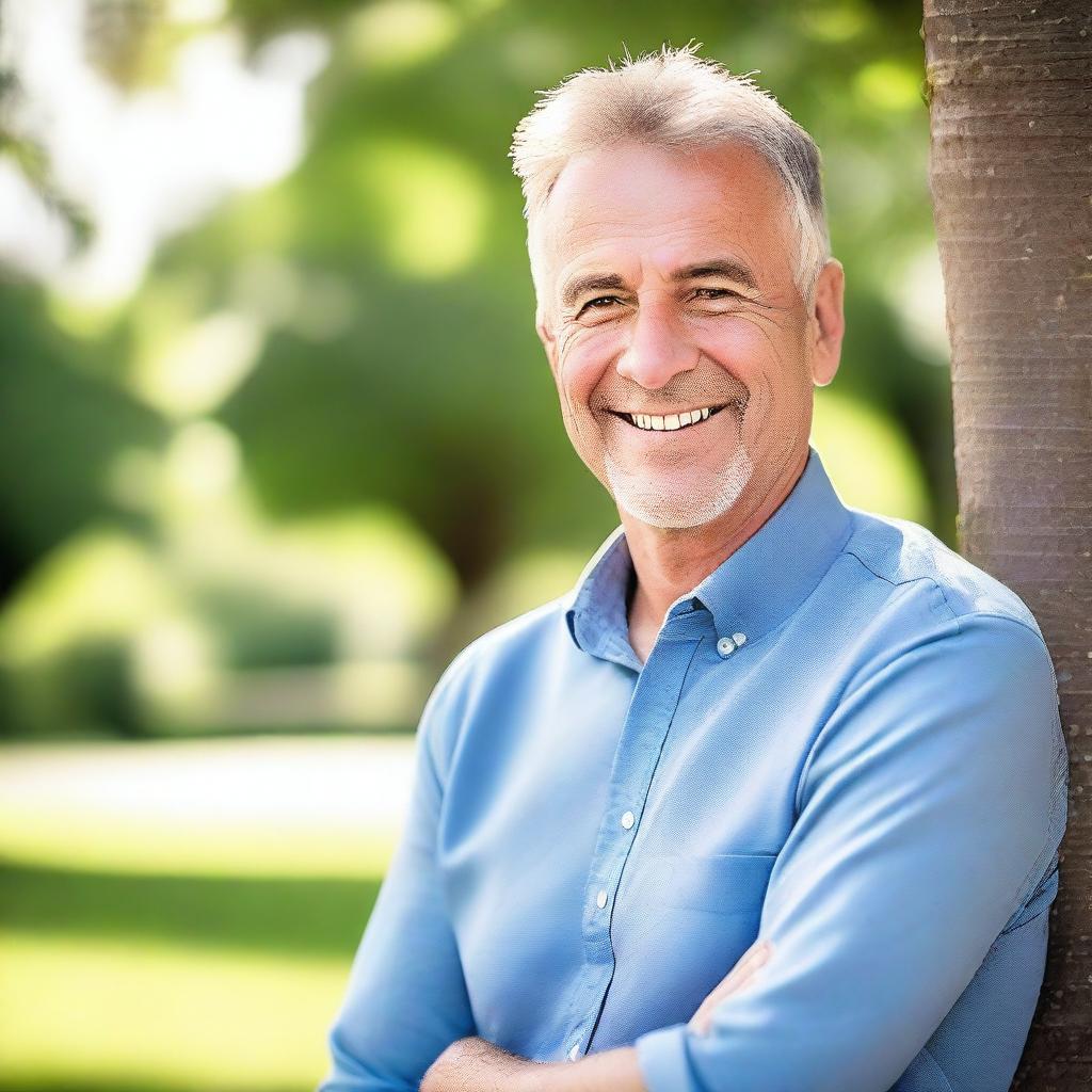 An outdoor picture featuring a cute Caucasian man aged between 45 and 60 years old