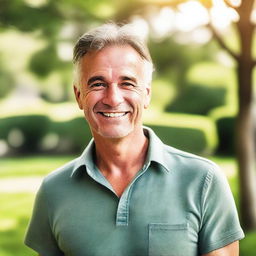 An outdoor picture featuring a cute Caucasian man aged between 45 and 60 years old