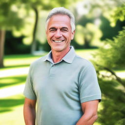 An outdoor picture featuring a cute Caucasian man aged between 45 and 60 years old