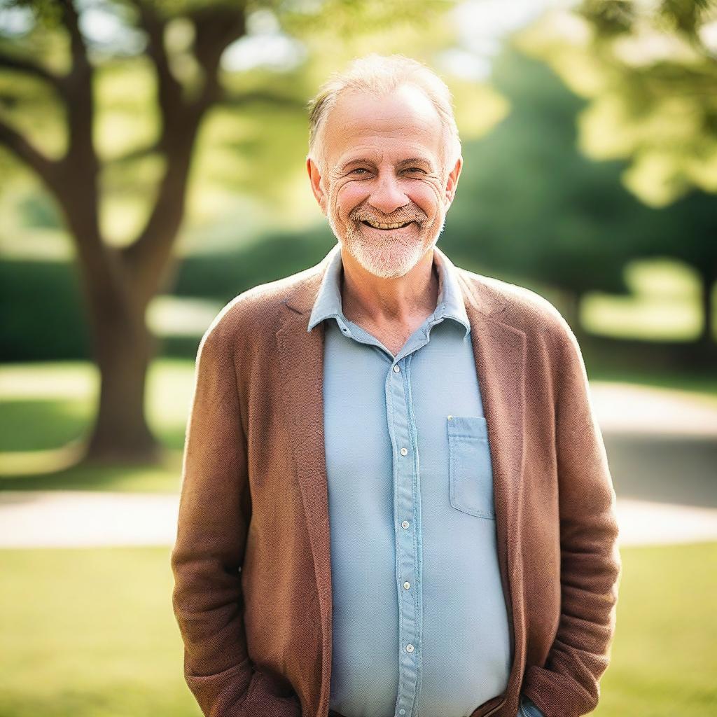 An outdoor picture featuring a cute Caucasian man aged between 45 and 60 years old