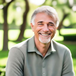 An outdoor picture featuring a cute Caucasian man aged between 45 and 60 years old