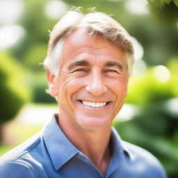 An outdoor picture featuring a cute Caucasian man aged between 45 and 60 years old