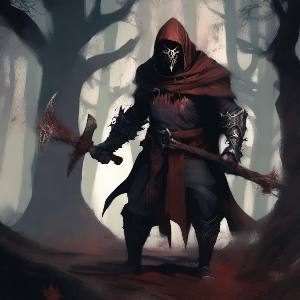 A fierce hobgoblin warlock standing in a dark, mystical forest