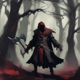 A fierce hobgoblin warlock standing in a dark, mystical forest