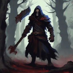 A fierce hobgoblin warlock standing in a dark, mystical forest