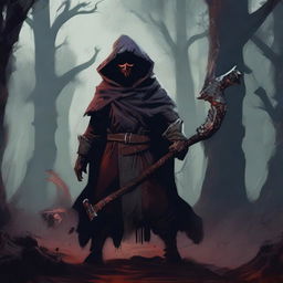 A fierce hobgoblin warlock standing in a dark, mystical forest