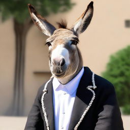 A photo-realistic image of a donkey dressed as a preacher, displaying a very pugnacious expression