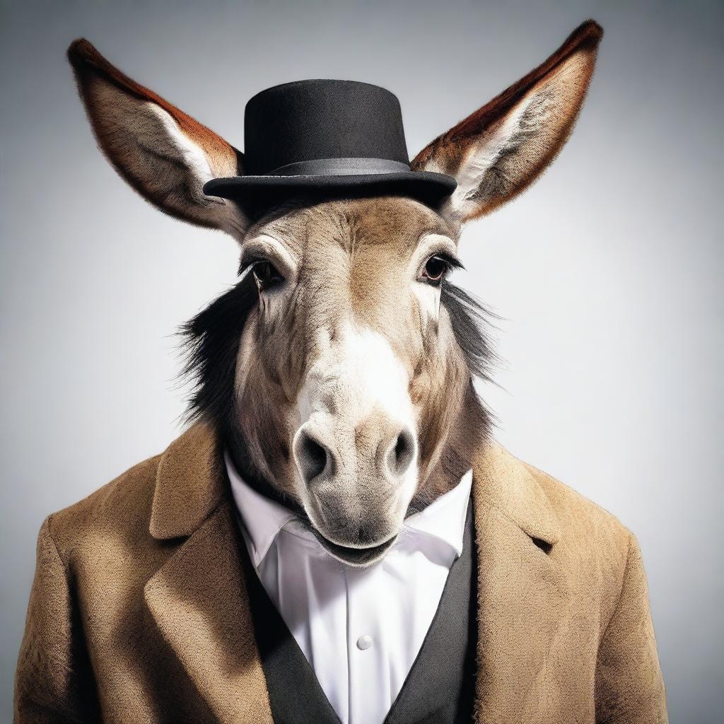 A photo-realistic image of a donkey dressed as a preacher, displaying a very pugnacious expression