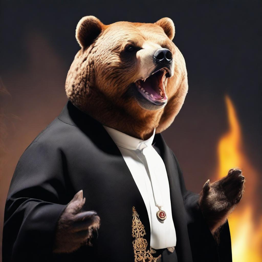 A photo-realistic image of a bear dressed as a preacher, appearing very pugnacious and in full voice, as if delivering a fiery sermon