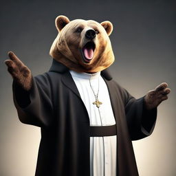 A photo-realistic image of a bear dressed as a preacher, appearing very pugnacious and in full voice, as if delivering a fiery sermon