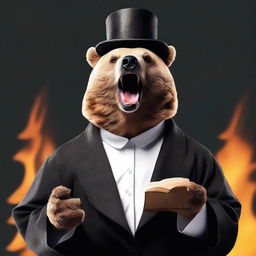 A photo-realistic image of a bear dressed as a preacher, appearing very pugnacious and in full voice, as if delivering a fiery sermon