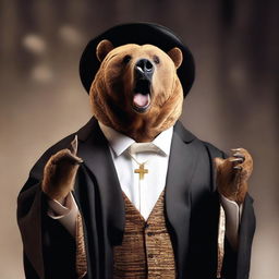 A photo-realistic image of a bear dressed as a preacher, appearing very pugnacious and in full voice, as if delivering a fiery sermon