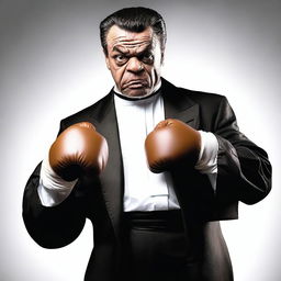 A photo-realistic image of a preacher with a very pugnacious expression, wearing traditional preacher attire including a black robe and a white collar, but also wearing boxing gloves