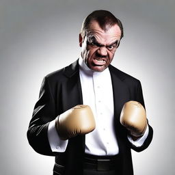 A photo-realistic image of a preacher with a very pugnacious expression, wearing traditional preacher attire including a black robe and a white collar, but also wearing boxing gloves