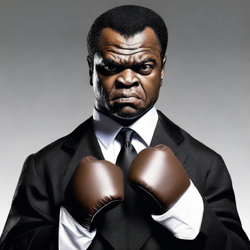 A photo-realistic image of a preacher with a very pugnacious expression, wearing traditional preacher attire including a black robe and a white collar, but also wearing boxing gloves